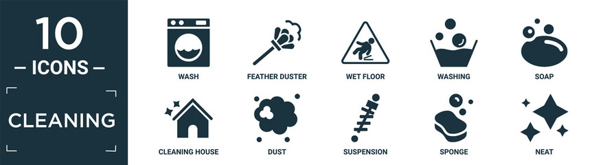 filled cleaning icon set. contain flat wash, feather duster, wet floor, washing, soap, cleaning house, dust, suspension, sponge, neat icons in editable format..