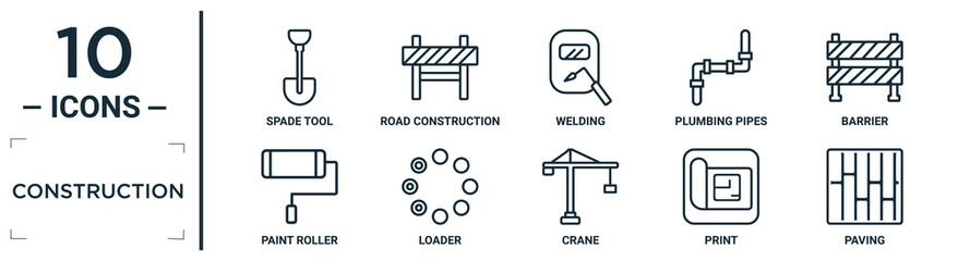construction linear icon set. includes thin line spade tool, welding, barrier, loader, print, paving, paint roller icons for report, presentation, diagram, web design