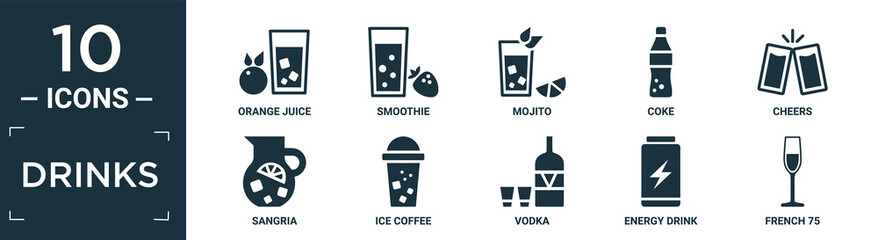 filled drinks icon set. contain flat orange juice, smoothie, mojito, coke, cheers, sangria, ice coffee, vodka, energy drink, french 75 icons in editable format..