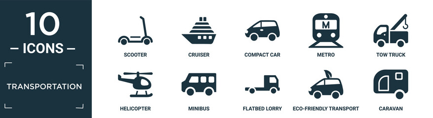 filled transportation icon set. contain flat scooter, cruiser, compact car, metro, tow truck, helicopter, minibus, flatbed lorry, eco-friendly transport, caravan icons in editable format..