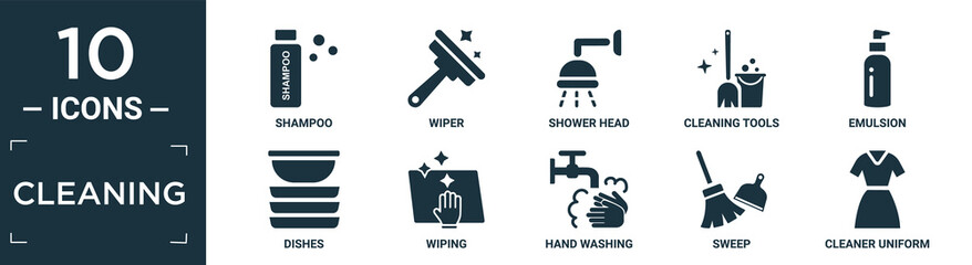 filled cleaning icon set. contain flat shampoo, wiper, shower head, cleaning tools, emulsion, dishes, wiping, hand washing, sweep, cleaner uniform icons in editable format..