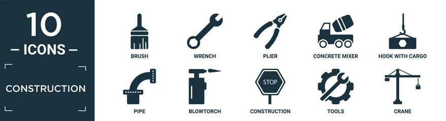 filled construction icon set. contain flat brush, wrench, plier, concrete mixer, hook with cargo, pipe, blowtorch, construction, tools, crane icons in editable format..