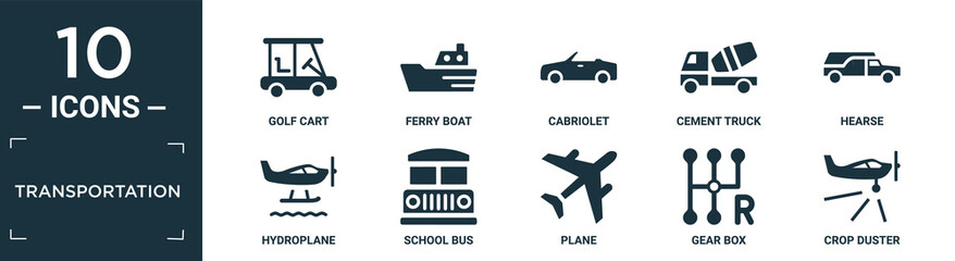filled transportation icon set. contain flat golf cart, ferry boat, cabriolet, cement truck, hearse, hydroplane, school bus, plane, gear box, crop duster icons in editable format..