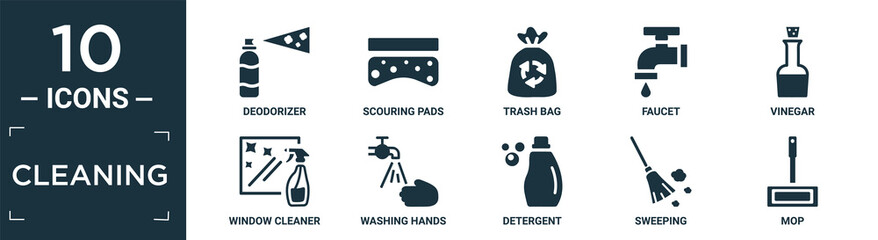 filled cleaning icon set. contain flat deodorizer, scouring pads, trash bag, faucet, vinegar, window cleaner, washing hands, detergent, sweeping, mop icons in editable format..