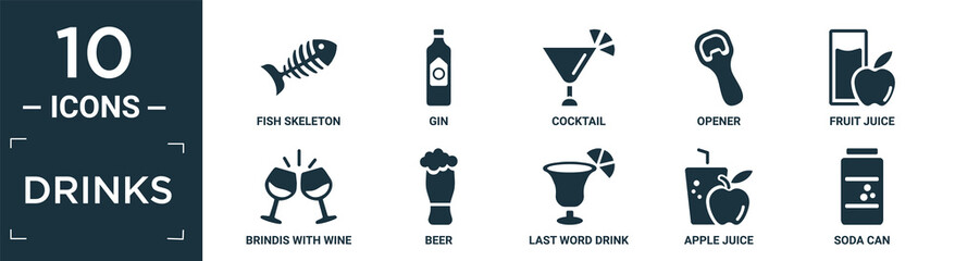 filled drinks icon set. contain flat fish skeleton, gin, cocktail, opener, fruit juice, brindis with wine glasses, beer, last word drink, apple juice, soda can icons in editable format..