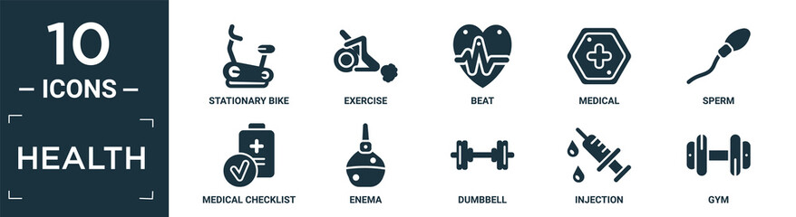 filled health icon set. contain flat stationary bike, exercise, beat, medical, sperm, medical checklist, enema, dumbbell, injection, gym icons in editable format..