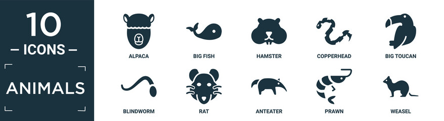 filled animals icon set. contain flat alpaca, big fish, hamster, copperhead, big toucan, blindworm, rat, anteater, prawn, weasel icons in editable format..