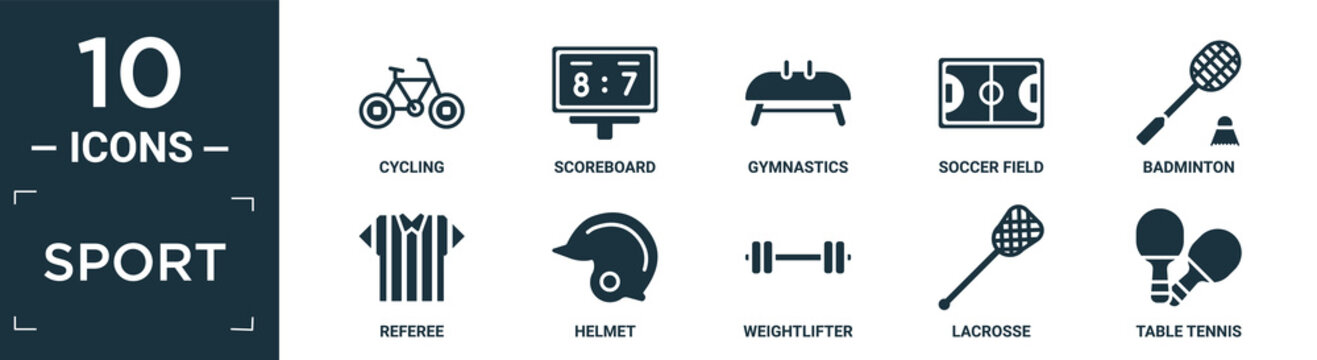 filled sport icon set. contain flat cycling, scoreboard, gymnastics, soccer field, badminton, referee, helmet, weightlifter, lacrosse, table tennis icons in editable format..