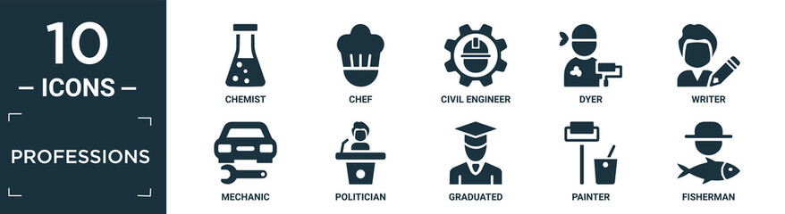 filled professions icon set. contain flat chemist, chef, civil engineer, dyer, writer, mechanic, politician, graduated, painter, fisherman icons in editable format..