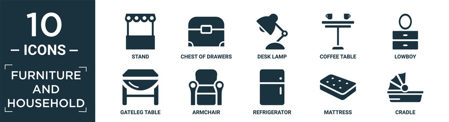 filled furniture and household icon set. contain flat stand, chest of drawers, desk lamp, coffee table, lowboy, gateleg table, armchair, refrigerator, mattress, cradle icons in editable format..