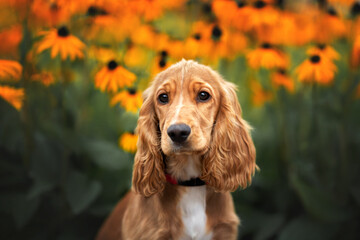 english cocker spaniel puppy portrait in summer with blooming flowers on the background