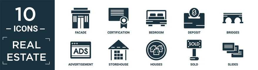filled real estate icon set. contain flat facade, certification, bedroom, deposit, bridges, advertisement, storehouse, houses, sold, slides icons in editable format..