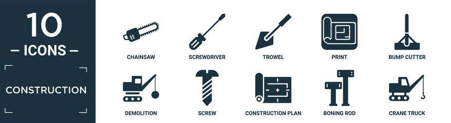 filled construction icon set. contain flat chainsaw, screwdriver, trowel, print, bump cutter, demolition, screw, construction plan, boning rod, crane truck icons in editable format..