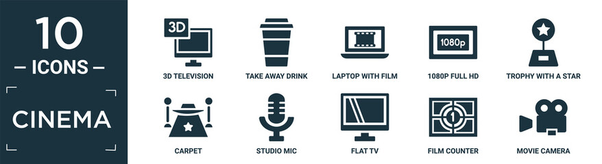 filled cinema icon set. contain flat 3d television, take away drink, laptop with film strip, 1080p full hd, trophy with a star, carpet, studio mic, flat tv, film counter, movie camera icons in.