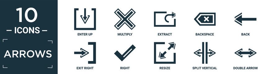 filled arrows icon set. contain flat enter up, multiply, extract, backspace, back, exit right, right, resize, split vertical, double arrow icons in editable format..