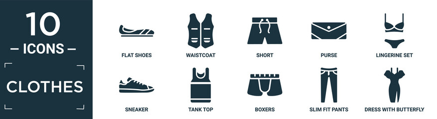 filled clothes icon set. contain flat flat shoes, waistcoat, short, purse, lingerine set, sneaker, tank top, boxers, slim fit pants, dress with butterfly sleeves icons in editable format..