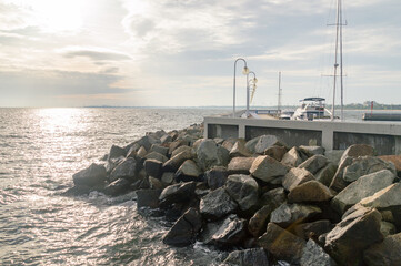 Sunny view on east breakwater of Sopot marina, Poland.