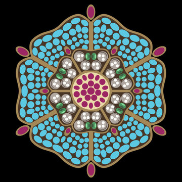 Stylized jeweled flower. Round floral mandala. Vintage brooch with pearls and turquoise beads.