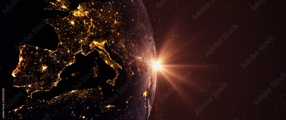 Poster Lights of large European cities. 3D rendering Lights of European cities. An abstract image generated using the lights of European cities. 3D rendering