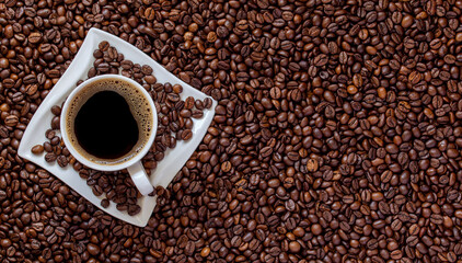 cup of coffee on roasted coffee beans background 