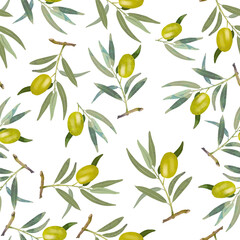 |Seamless pattern with leaves and olives.