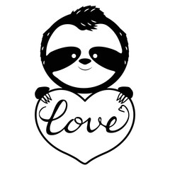Sloth with heart silhouette in black colour isolated on white background. Romantic, cute bear in cartoon style. Positive symbol.
