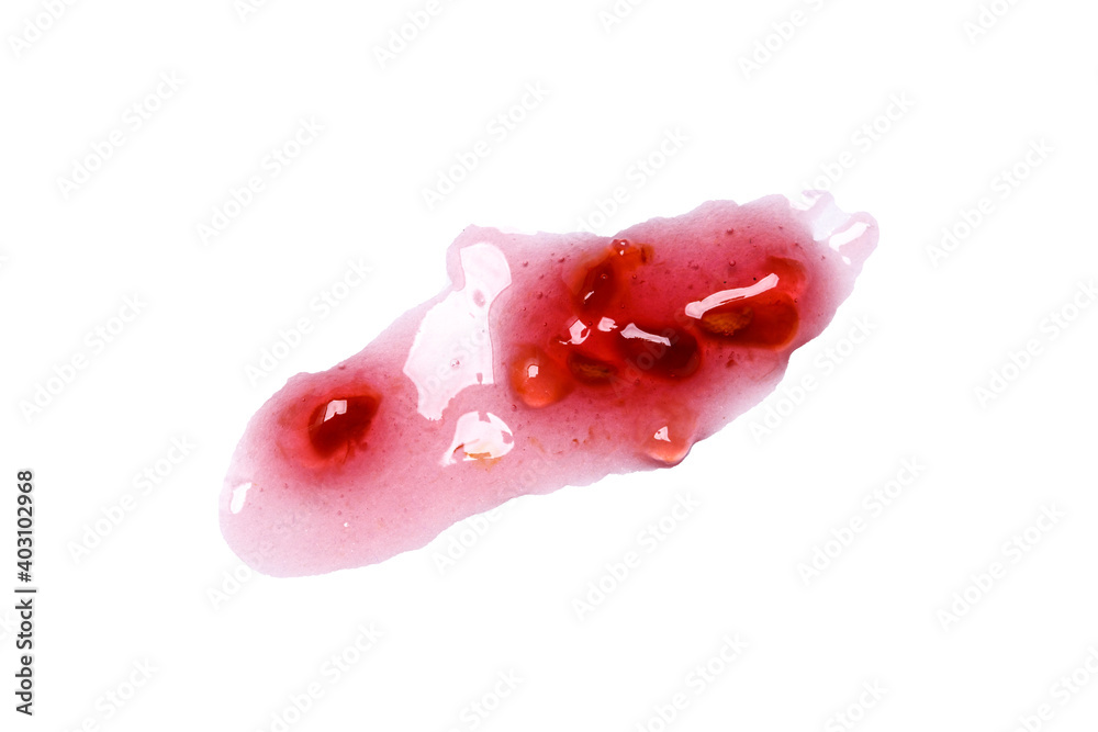 Poster spot of natural raspberry jam with seeds isolated on white background