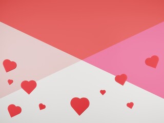 3D render - Valentine's Day background with 3d hearts on red, Happy Valentine's Day, love creative concept, romantic template, red and pink realistic paper hearts.