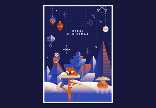 Art Deco Christmas Greeting Card Layout with Winter Forest