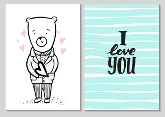 Romantic Valentine Cute Card. Bear in a suit with hearts. Hand drawn vector illustration of cute bear with heart.