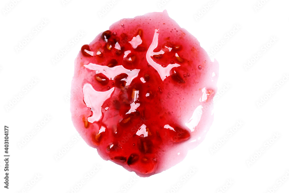Poster spot of natural raspberry jam with seeds isolated on white background