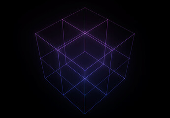 wireframe 3D cube in retrowave style colors and a thin delicate mesh. A composition element for music cover or poster compositions