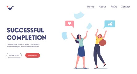 Completed Task Landing Page Template. Happy Female Characters Completed Task and Triumphing with Raised Hands
