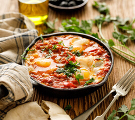 Traditional shakshuka dish served in a cast iron pan on wooden table, close up view