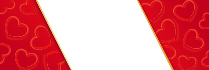 Vector card of holiday background with 3d hearts on a red gradient background and empty space for your text on white. It can be used for congratulations on Valentine's Day, wedding, or other romantic 
