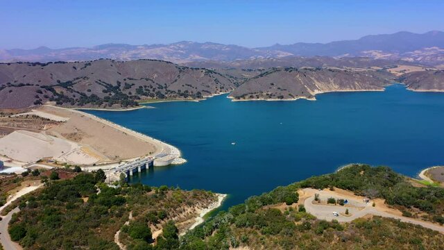 Aerial drone shot of Lake Cachuma and the Bradbury Dam near Santa Barbara Ca.