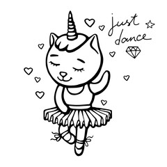 Cute white dancing cat unicorn with horn on white background with hearts. Hand drawn vector illustration for t shirt printing and embroidery.