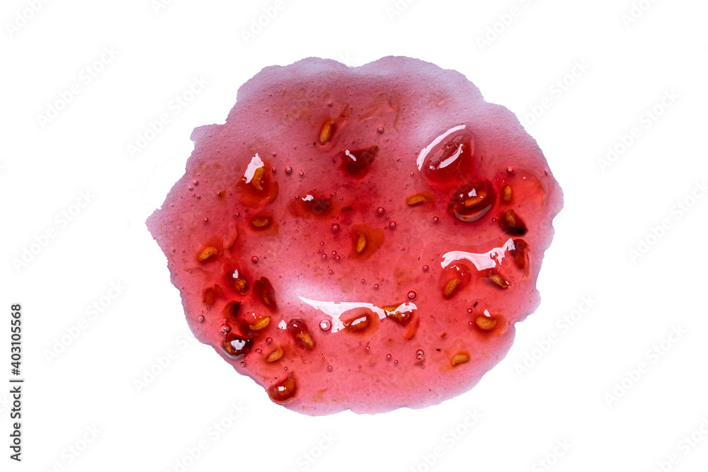 Poster spot of natural raspberry jam with seeds isolated on white background