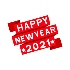 Happy New year 2021 with red ribbons and white text on white background