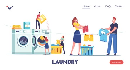 Tiny Characters Visiting Laundry Landing Page Template. People Loading Dirty Clothes to Huge Washing Machine, Laundrette