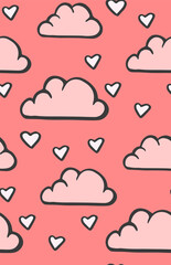 Simple seamless pattern with clouds and hearts. Vector illustration. Cute baby background for textile. Love. Happy Valentine