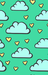 Simple seamless pattern with clouds and hearts. Vector illustration. Cute baby background for textile. Love. Happy Valentine