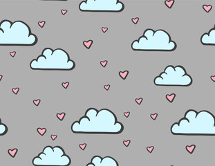 Simple seamless pattern with clouds and hearts. Vector illustration. Cute baby background for textile. Love. Happy Valentine