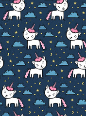 Cute pattern with line cat unicorn with horn on sky background with cloud and hearts. Hand drawn vector illustration for textile or wallpaper.