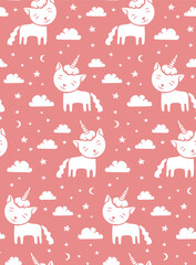Cute pattern with line cat unicorn with horn on sky background with cloud and hearts. Hand drawn vector illustration for textile or wallpaper.