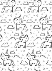 Cute pattern with line cat unicorn with horn on sky background with cloud and hearts. Hand drawn vector illustration for textile or wallpaper.