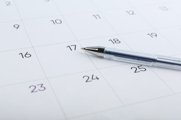 ballpoint pen is on the calendar