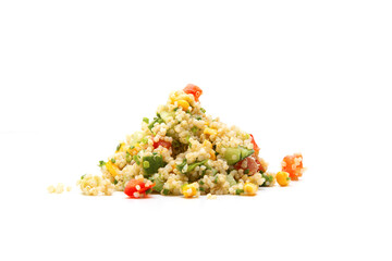 Nice vegan or vegetarian recipe salad of quinoa, chives, corn, tomatoes, cucumber. Ready to go.