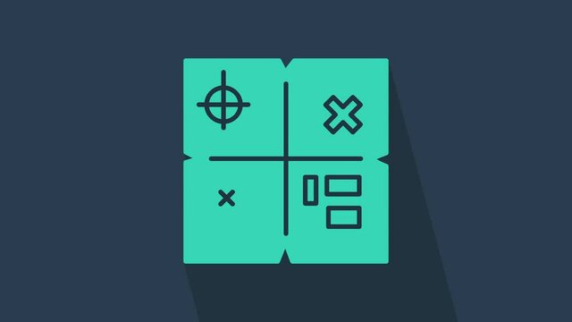 Turquoise Treasure map icon isolated on blue background. 4K Video motion graphic animation.