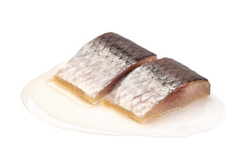 Herring with oil, isolated on white background